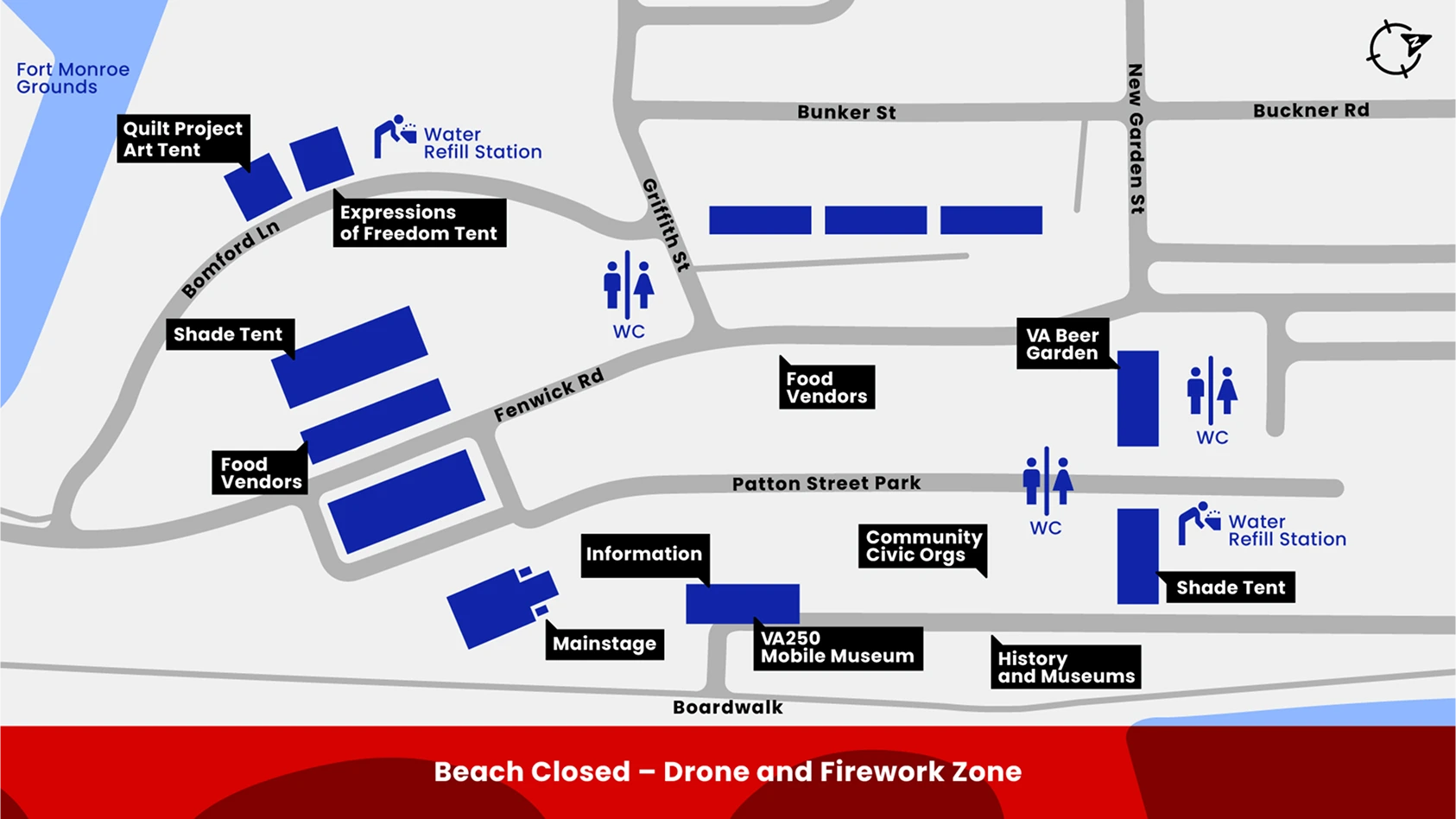 Map showing event area for Fort at the Fourth event, with roads, food vendors, toilets, water refill stations, and other amenities.