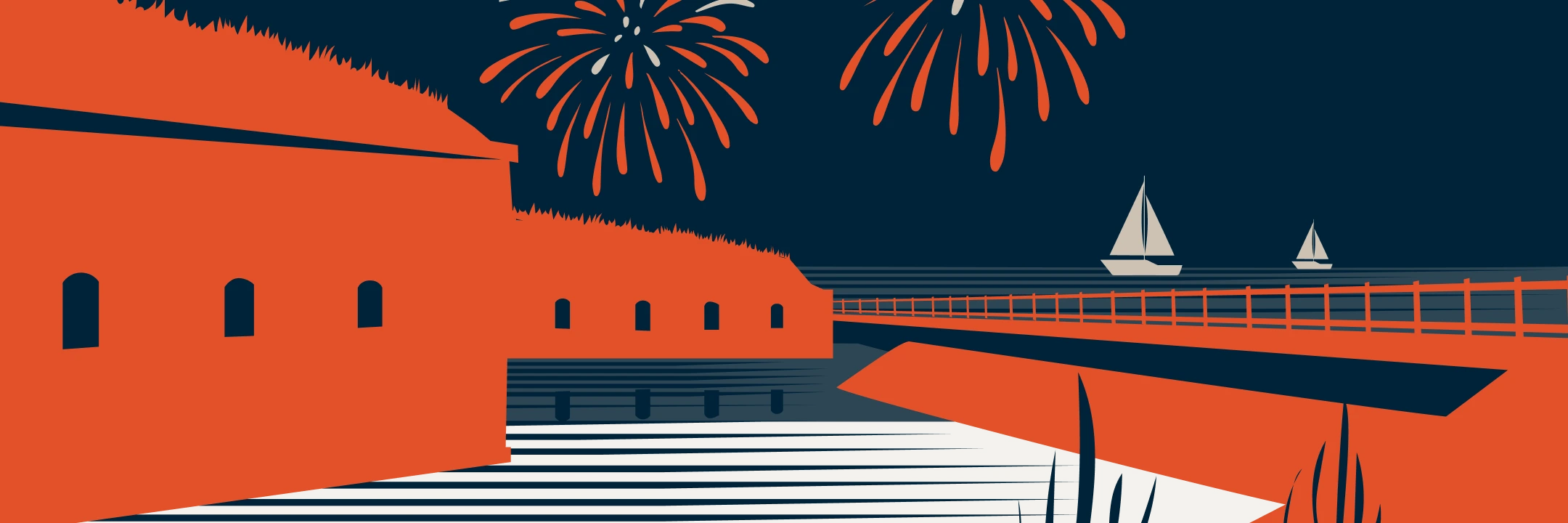 Illustrated Seaside Fort Scene with Orange Fireworks, Fort, Sailboats
