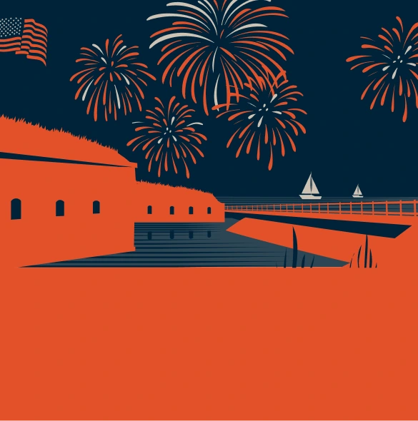 Illustrated Seaside Fort Scene with Orange Fireworks, Fort, Sailboats